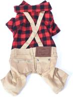 🐶 companet dog overalls: stylish pet outfit with ombre black/red plaid top and beige jeans pants for small dogs логотип