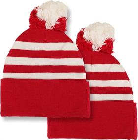 img 1 attached to 🎩 Red White Striped Pom Pom Cuff Beanie Hat by Armycrew