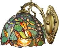 🐉 litfad turquoise dragonfly wall sconce: tiffany style stained glass wall light for bedroom, staircase, hotel - victorian decorative wall lamp with 8" width логотип