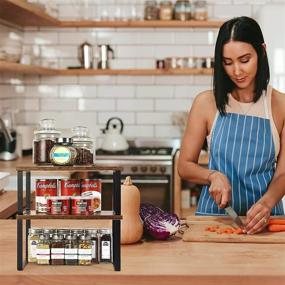 img 1 attached to 🏺 Rustic Brown Wood Kitchen Cabinet Shelves Organizer Set - Stackable, Expandable, and Industrial Countertop Racks for Efficient Storage