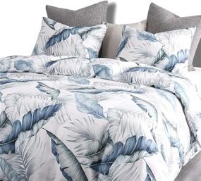 img 2 attached to 🌿 Wake In Cloud - Blue Green Tropical Leaves Comforter Set, Luxurious 100% Cotton Fabric with Soft Microfiber Fill for King Size Beds