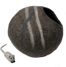 img 2 attached to Mokoboho 100% Wool Felt Cat Cave Bed: Handmade in Nepal, Gray Stripe Design with Free Mouse Toy