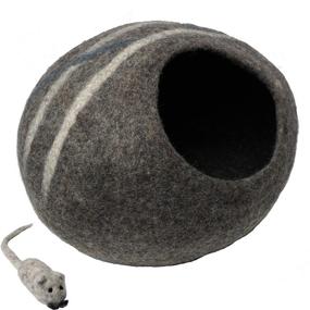 img 4 attached to Mokoboho 100% Wool Felt Cat Cave Bed: Handmade in Nepal, Gray Stripe Design with Free Mouse Toy