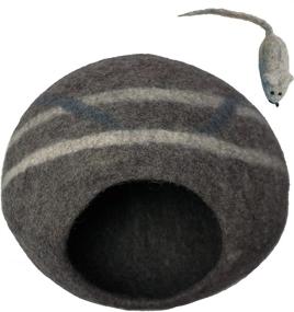 img 3 attached to Mokoboho 100% Wool Felt Cat Cave Bed: Handmade in Nepal, Gray Stripe Design with Free Mouse Toy