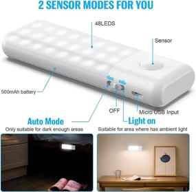 img 3 attached to USB Rechargeable Motion Sensor LED Closet Light - 48 LEDs, Wireless Under Cabinet 🔦 Light, Magnetic Stick-on, Anywhere Night Light Bar for Stairs, Wardrobe, Kitchen, Hallway - Set of 4