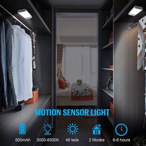 img 1 attached to USB Rechargeable Motion Sensor LED Closet Light - 48 LEDs, Wireless Under Cabinet 🔦 Light, Magnetic Stick-on, Anywhere Night Light Bar for Stairs, Wardrobe, Kitchen, Hallway - Set of 4