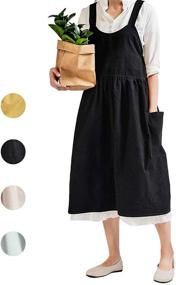 img 1 attached to 👩 Cotton Linen Apron for Women in Black - NOOS Pinafore Dress with Halter Cross Bandage - Ideal for Cooking and Gardening
