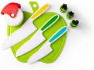 yum nosh kids cutting board and knife set - non-slip grips for enhanced safety, plastic material, available in 3 vibrant colors and sizes - apple design with juice groove, includes pastry cutter and 3 children’s food cutter shapes logo