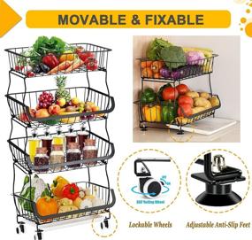 img 3 attached to 🍎 Kitchen Storage Fruit Basket - 4 Tier Metal Wire Bins Rack Cart with Rolling Wheels: Produce Pantry Shelf Organizer Stand