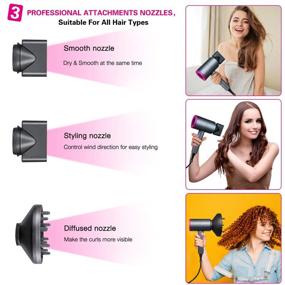 img 2 attached to 💨 1800W Ionic Hair Dryer: Powerful AC Motor, Fast Hair Care - Home Salon, Travel, Pregnancy & Kids - Heat Hot/Cold Wind, Constant Temperature - 2 Nozzles, 1 Diffuser Comb