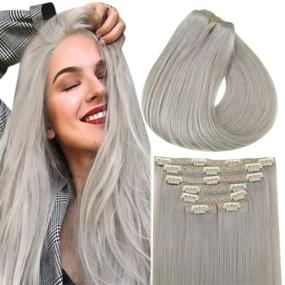 img 4 attached to 💇 Vivien Silver Human Hair Clip-in Extensions: 18 Inch Grey Silver Real Hair, Straight, 120g, 7-Piece Set for Women