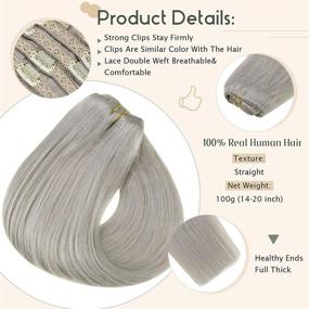 img 2 attached to 💇 Vivien Silver Human Hair Clip-in Extensions: 18 Inch Grey Silver Real Hair, Straight, 120g, 7-Piece Set for Women