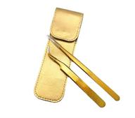 💫 yueton 2-pack gold color coated stainless steel straight and curved head tweezers with leather case - ideal for eyelash extensions logo