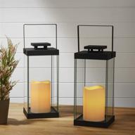 🏮 set of 2 large glass flameless candle lanterns, 14.5" height, black metal finish, warm white leds, indoor/outdoor use, fall-ready decor - includes remote & batteries логотип