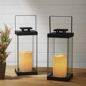 img 4 attached to 🏮 Set of 2 Large Glass Flameless Candle Lanterns, 14.5" Height, Black Metal Finish, Warm White LEDs, Indoor/Outdoor Use, Fall-Ready Decor - Includes Remote & Batteries