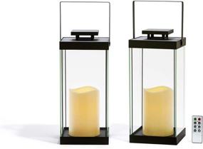 img 3 attached to 🏮 Set of 2 Large Glass Flameless Candle Lanterns, 14.5" Height, Black Metal Finish, Warm White LEDs, Indoor/Outdoor Use, Fall-Ready Decor - Includes Remote & Batteries