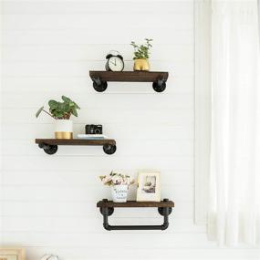 img 3 attached to Rustic Wall Mounted Wood Shelving Storage Set of 3 - Mkono Floating Shelves with Industrial Pipe Brackets, Towel Bar, Farmhouse Home Decor for Bathroom, Bedroom, Kitchen, Living Room, Office