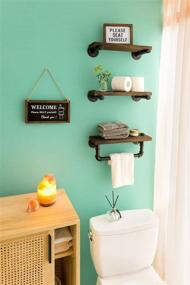 img 2 attached to Rustic Wall Mounted Wood Shelving Storage Set of 3 - Mkono Floating Shelves with Industrial Pipe Brackets, Towel Bar, Farmhouse Home Decor for Bathroom, Bedroom, Kitchen, Living Room, Office