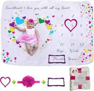 👶 soft flannel fleece baby milestone blanket - purple multicolored hearts theme | unisex baby photo blanket with headband and matching patterns | perfect size 100x 150cm logo