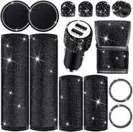 14-piece bling car accessories set with black bling seat belt cover, door handle cover, 💎 shift gear cover, usb car charger, cup holder coasters, start button rings, and valve stem caps logo