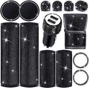 img 4 attached to 14-Piece Bling Car Accessories Set with Black Bling Seat Belt Cover, Door Handle Cover, 💎 Shift Gear Cover, USB Car Charger, Cup Holder Coasters, Start Button Rings, and Valve Stem Caps