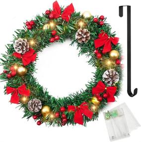 img 4 attached to 🎄 Привлекательный 16-дюймовый рождественский венок для входной двери с подсветкой - Искусственный ёлочный венок с металлическим крюком, 40 батарейными светодиодными огнями, шишками, красными ягодами, бантами - Реалистичный и захватывающий