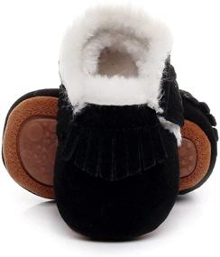 img 4 attached to 👶 Bebila Baby Moccasins for Girls Boys - Cozy Fleece-Lined Baby Shoes, Autumn Winter Warm Genuine Leather Infants Slippers with Durable Rubber Sole