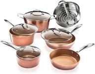 🍳 premium ceramic cookware set: 10-piece pots and pans collection with triple coated ultra nonstick surface, even heating, oven & stovetop safe – hammered copper finish logo