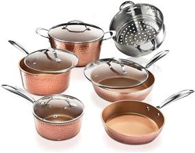 img 4 attached to 🍳 Premium Ceramic Cookware Set: 10-Piece Pots and Pans Collection with Triple Coated Ultra Nonstick Surface, Even Heating, Oven & Stovetop Safe – Hammered Copper Finish