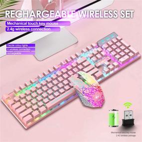 img 3 attached to 🌈 Rechargeable Wireless Gaming Keyboard and Mouse Combo with Rainbow LED Backlight, Mechanical Feel, Waterproof, Dustproof, 7-Color Backlight, Mute Mice for Computer, Mac, Gamer - Pink & Rainbow