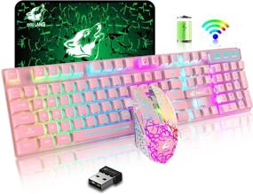 img 4 attached to 🌈 Беспроводная игровая клавиатура и мышь с подсветкой "Радуга", механической тактильностью, водонепроницаемостью, защитой от пыли, 7-цветной подсветкой, бесшумной мышью для компьютера, Mac, геймеров - розовый и с рисунком радуги