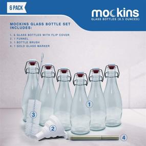 img 1 attached to 🍾 mockins 8.5 Oz. Glass Bottle Set with Swing Top Stoppers - Includes Bottle Brush, Funnel, and Gold Glass Marker - Clear Glass Water Bottle Set of 6