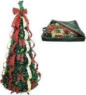 🎄 pre-lit 6 ft pull up pop up christmas tree with complete decorations and storage bag - includes ornaments, pinecones, stand, and warm lights логотип