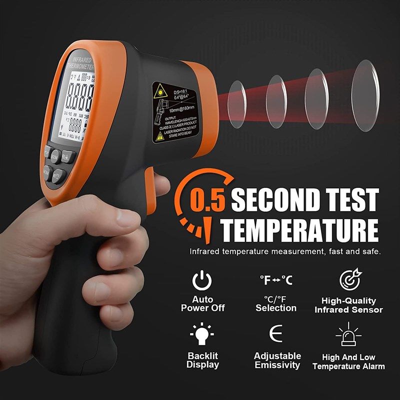  IR Infrared Thermometer Non-Contact Laser IR Temperature Gun  with Adjustable Emissivity, HD Backlight LCD Temp Display for Kitchen  Cooking/Industrial Scientific Test(Dark Grey) : Industrial & Scientific