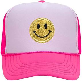 img 3 attached to Lin Su Smiley Face Sequin Neon High Crown Trucker Hat: Fashionable Foam Mesh Cap for Men and Women