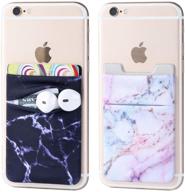 📱 2pack phone card holder - elastic lycra stick on wallet with double pockets - credit card id case, pouch sleeve - 3m adhesive sticker for back of iphone, android smartphone (black & purple marble double pocket) logo