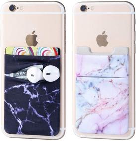 img 4 attached to 📱 2Pack Phone Card Holder - Elastic Lycra Stick on Wallet with Double Pockets - Credit Card ID Case, Pouch Sleeve - 3M Adhesive Sticker for Back of iPhone, Android Smartphone (Black & Purple Marble Double Pocket)