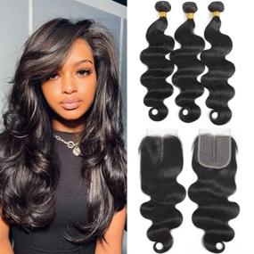 img 4 attached to 💇 Kapelli Hair Brazilian Virgin Hair Body Wave Bundle with Closure - 3 Bundles (20 22 24+20") - 10A Remy Human Hair - Natural Black