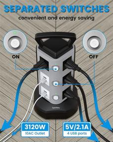 img 1 attached to 🔌 6,5 футов & 4,2 А USB защита от перенапряжения, башня сетевого удлинителя - SUPERDANNY 3000W 13A с 4 USB-портами, быстрая зарядка, 10 розеток, 16AWG 6,5 футов удлинительный кабель электрической зарядной станции для дома, офиса или общежития.