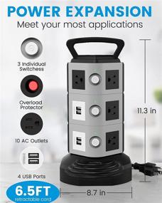 img 3 attached to 🔌 6,5 футов & 4,2 А USB защита от перенапряжения, башня сетевого удлинителя - SUPERDANNY 3000W 13A с 4 USB-портами, быстрая зарядка, 10 розеток, 16AWG 6,5 футов удлинительный кабель электрической зарядной станции для дома, офиса или общежития.