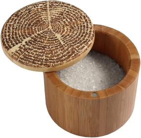 img 2 attached to 🌳 Stylish "Tree of Life" Engraved Bamboo Salt Box - Convenient Magnetic Swivel Lid for Storage