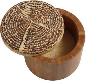 img 1 attached to 🌳 Stylish "Tree of Life" Engraved Bamboo Salt Box - Convenient Magnetic Swivel Lid for Storage