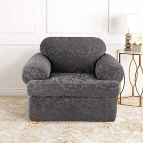 img 3 attached to 🪑 Stretch Jacquard Damask T-Cushion Chair Slipcover - SureFit Home Décor, Form Fit, Gray Color, Polyester/Spandex, Machine Washable