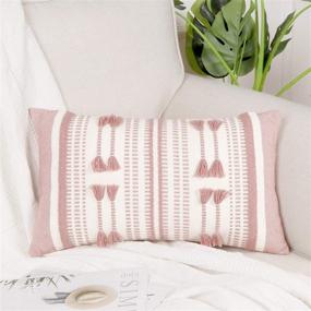 img 4 attached to 🌸 OJIA Farmhouse Pink and Cream Throw Pillow Cover - Tribal Woven Stripes, Boho Accent Pillowcase, Lumbar 12 x 20 Inches