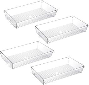 img 4 attached to 🗄️ Clear Plastic Desk Drawer Organizer Tray - Large 4 Pack 12"x 6" for Bathroom, Office, Kitchen, Utensils, Silverware, Gadgets, Dividers, Storage Bins, Container - Perfect for Dresser, Cosmetic Makeup