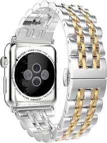 img 1 attached to 📿 HUANLONG Stainless Steel Metal Replacement Watchband Bracelet for Apple Watch iWatch - 7 Pointers, Double Button Folding Clasp, Silver/Gold (42 mm)