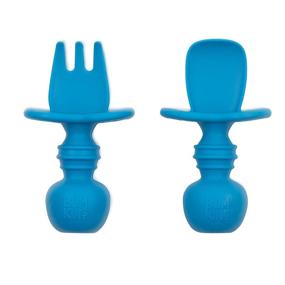 img 4 attached to Bumkins Silicone Chewtensils Dark Blue - Baby Fork and Spoon Set, Training Utensils for Stage 1 Baby Led Weaning (Ages 6 Months+)