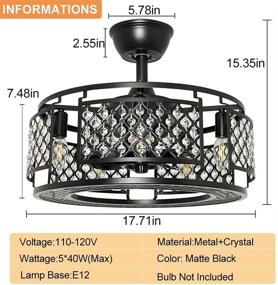 img 2 attached to Depuley 18-Inch Industrial Ceiling Fan with Remote and Lights, Crystal Indoor/Outdoor Ceiling Fans with Light Fixture, Matte Black Flush Mount Ceiling Fan for Kitchen, 3 Wind Speeds, 5*E12 Base (Bulbs Not Included)