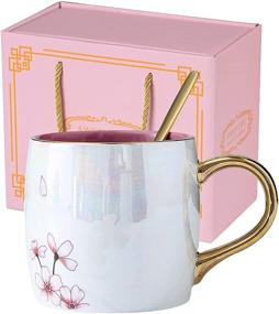 img 1 attached to 🌸 13.5oz Cherry Blossom Ceramic Mugs with Lid and Gold Spoon - Porcelain Coffee Milk Tea Cups for Office, Travel, and Gifts - Women, Lovers, Friends - Packed in Gift Box