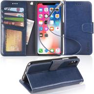 📱 arae iphone x/xs wallet case - premium pu leather flip folio with wrist straps, kickstand feature, id & credit card pockets - blue (not for xr) logo